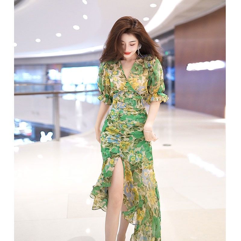 Đầm Mùa Hè 2023 Eo Hẹp Cao In Họa Tiết Màu Xanh Lá Đậm Sang Trọng Thời Trang Cao Cấp