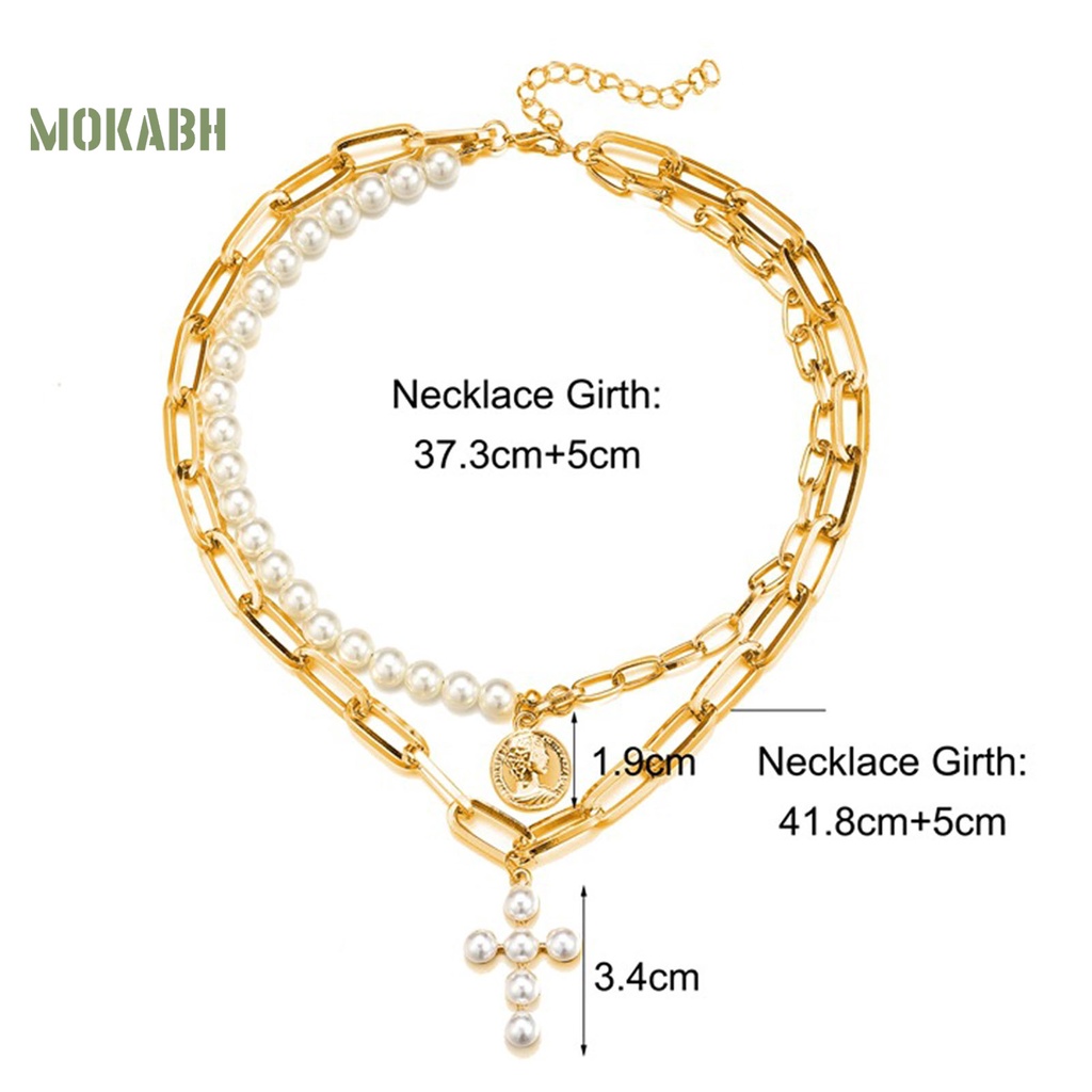 Vòng cổ Hai Lớp Đính Ngọc Trai Nhân Tạo Dây Hình Thánh Giá Có Thể Điều Chỉnh