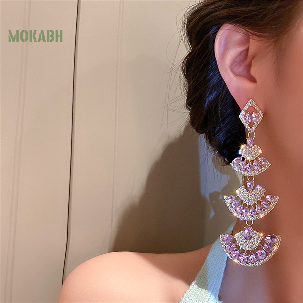 1 Đôi Bông Tai Dài Hình Quạt Đính Đá Lấp Lánh Dành Cho Nữ