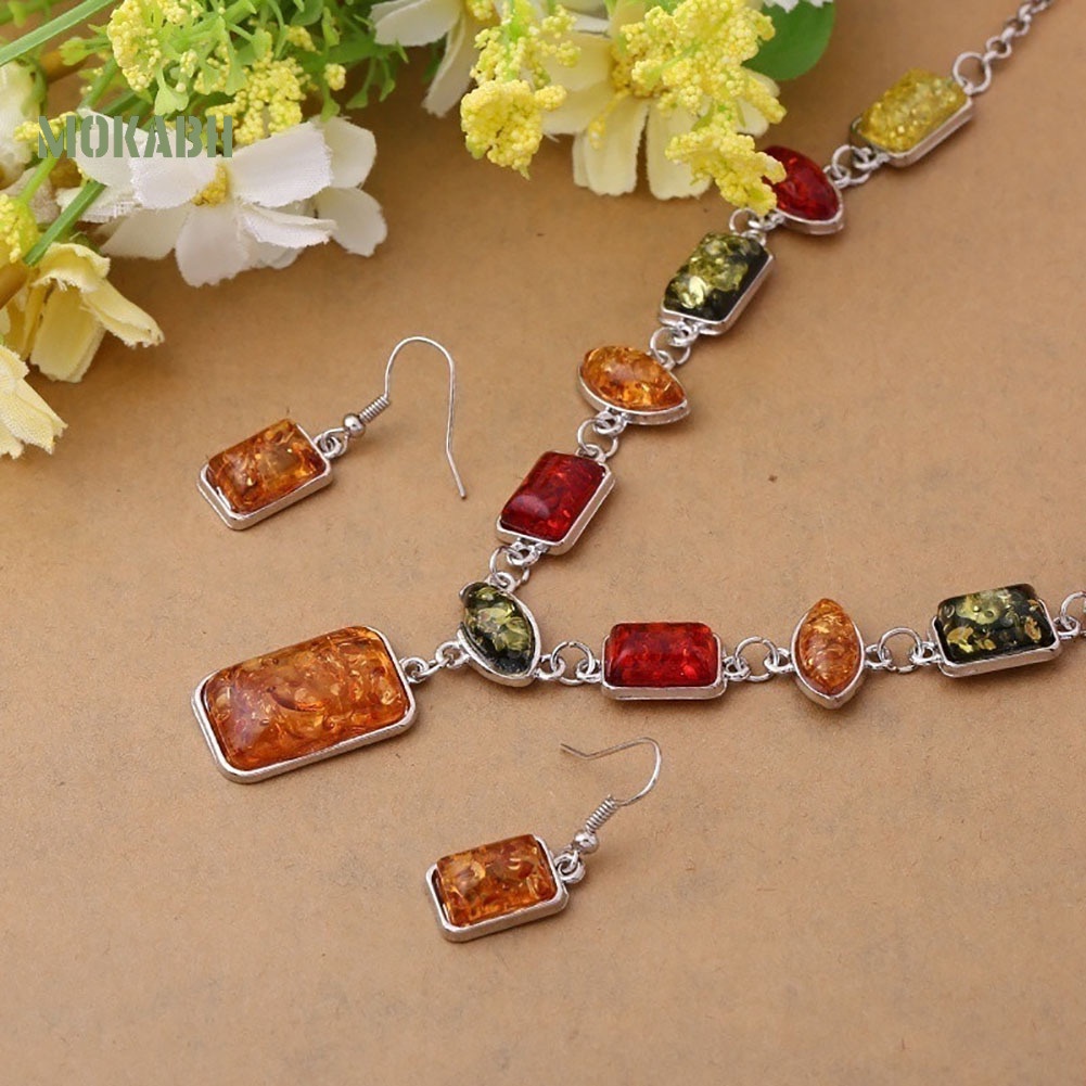 Bộ Vòng cổ + Bông Tai Đính Đá Hổ Phách Hình Vuông / Oval Phong Cách Châu Phi Thời Trang Cho Nữ