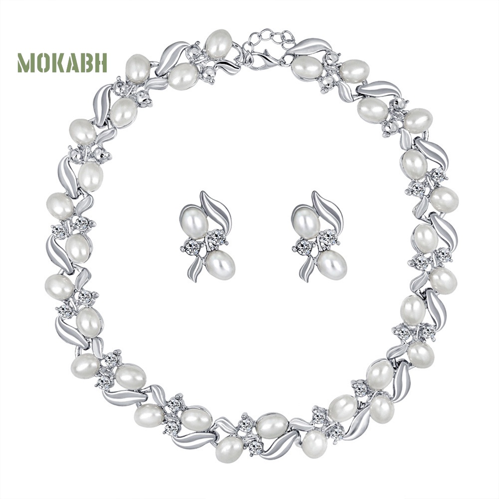 Bộ Vòng cổ + Bông Tai Đính Đá &amp; Ngọc Trai Giả Thời Trang Cho Nữ