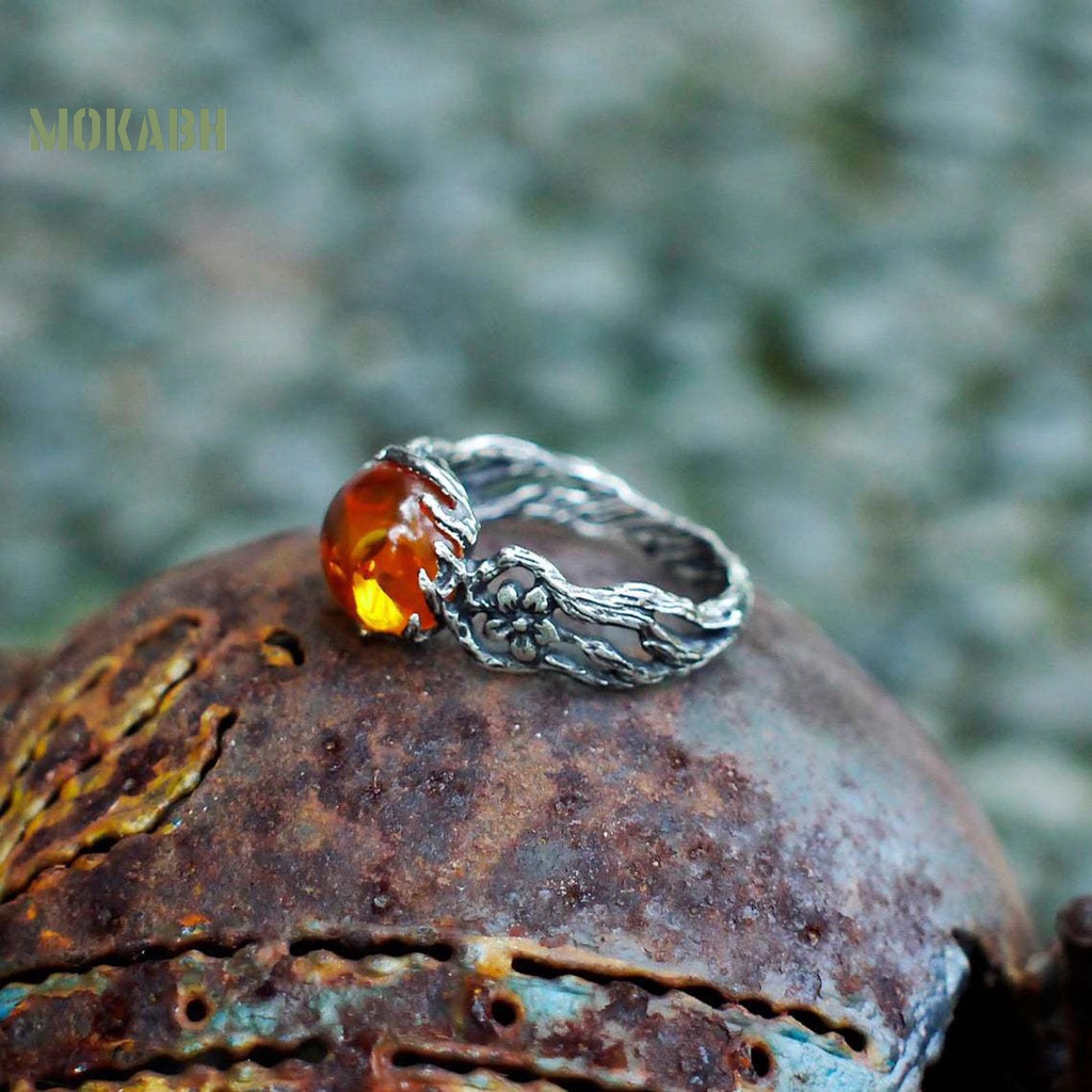 [Mới] Nhẫn Bạc Họa Tiết Hoa Rỗng Màu Hổ Phách Sang Trọng Cá Tính Dành Cho Nữ