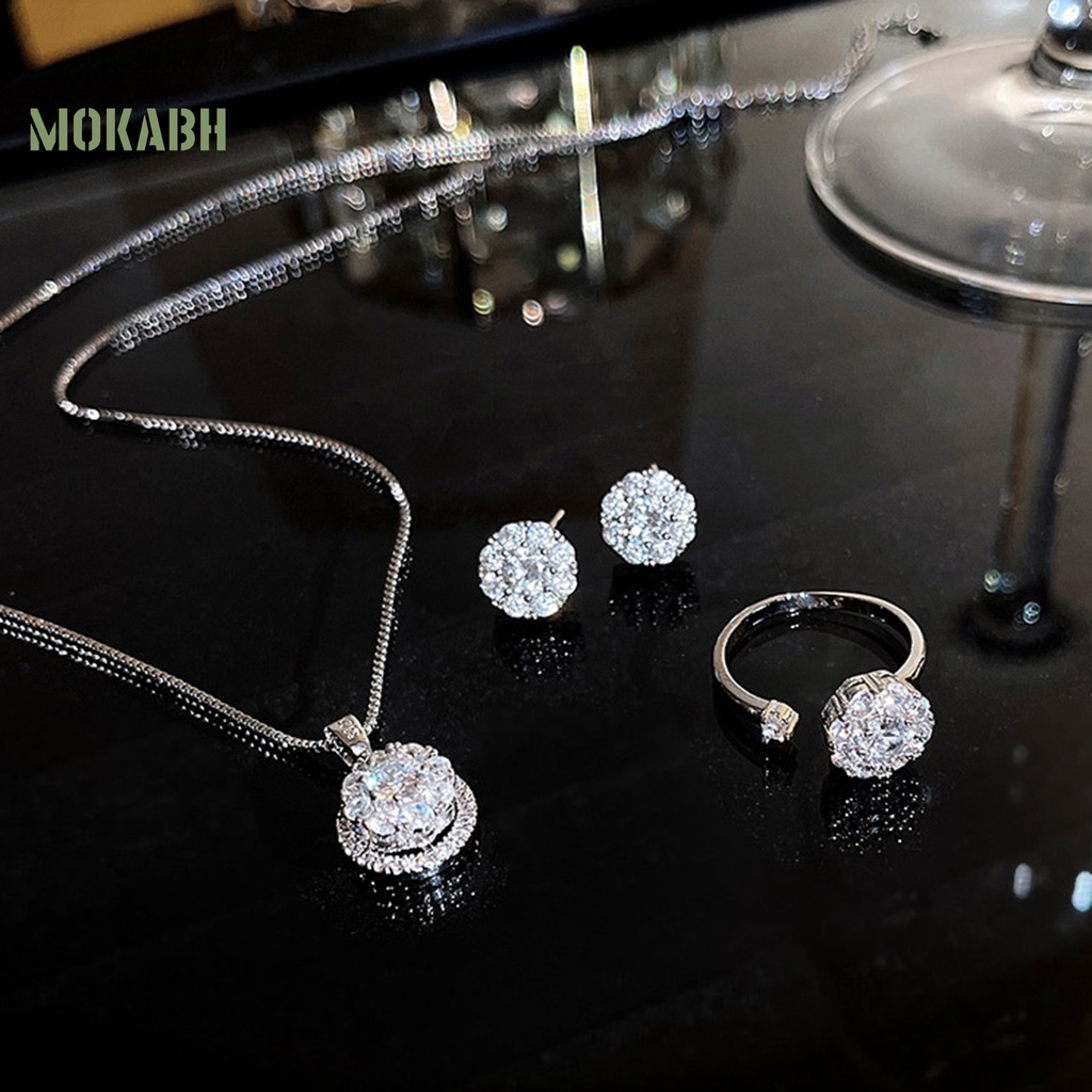 Bộ Vòng cổ + Bông Tai + Nhẫn + Nhẫn Hình Tròn Đính Đá Lấp Lánh Thời Trang Sang Trọng Cho Nữ