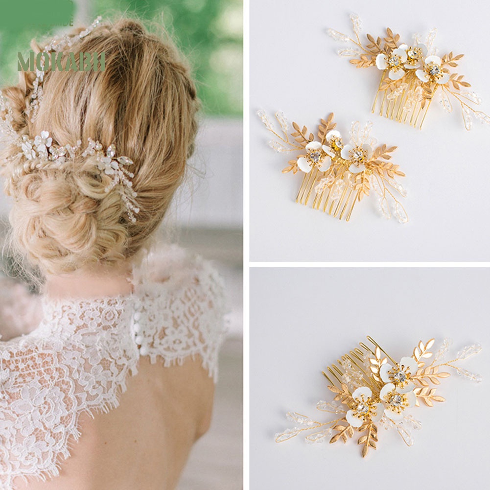 Lược Cài Tóc Hình Hoa Lá Đính Đá Thời Trang Cho Cô Dâu