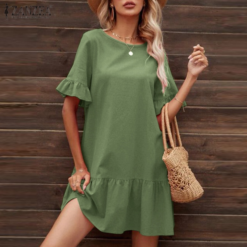 Đầm ZANZEA tay loe cổ tròn viền bèo phong cách vintage nữ tính