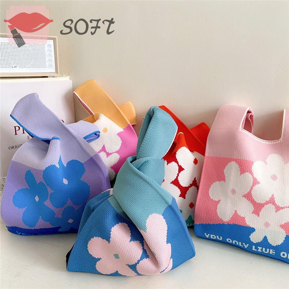 Túi Mua Sắm Dệt Kim Kẻ Sọc Caro Màu Thắt Nút Có Thể Tái Sử Dụng Cho