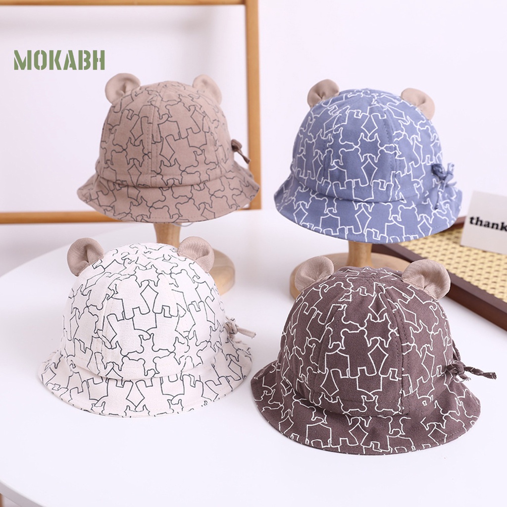 [Mok Abh] Mũ Ngư Dân Hình Tròn Mỏng Màu Tương Phản In Họa Tiết Gấu Hoạt Hình Có Thể Điều Chỉnh Bảo Vệ Tai Cho Trẻ Em