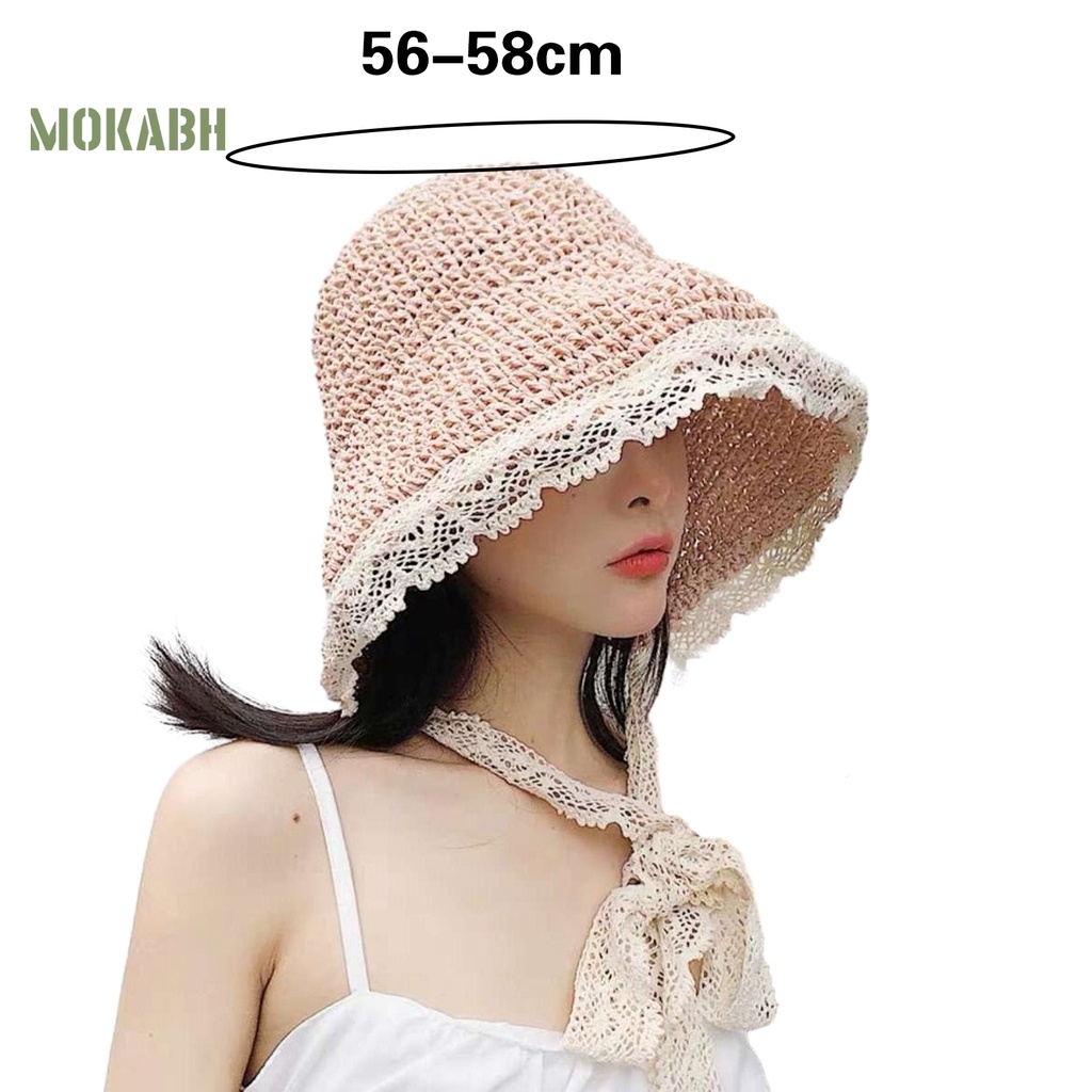 [Mok Abh] Mũ Tai Bèo Dệt Kim Vành Rộng Màu Trơn Có Dây Cột Chống Nắng Phong Cách Đồng Quê Cho Nữ