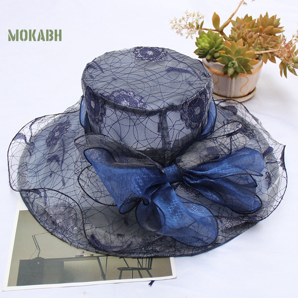 [Mok Abh] Mũ Rộng Vành Vải Hoa Nhìn Xuyên Thấu Viền Gợn Sóng Sang Trọng Thắt Nơ Sang Trọng Cho Nữ Đi Biển