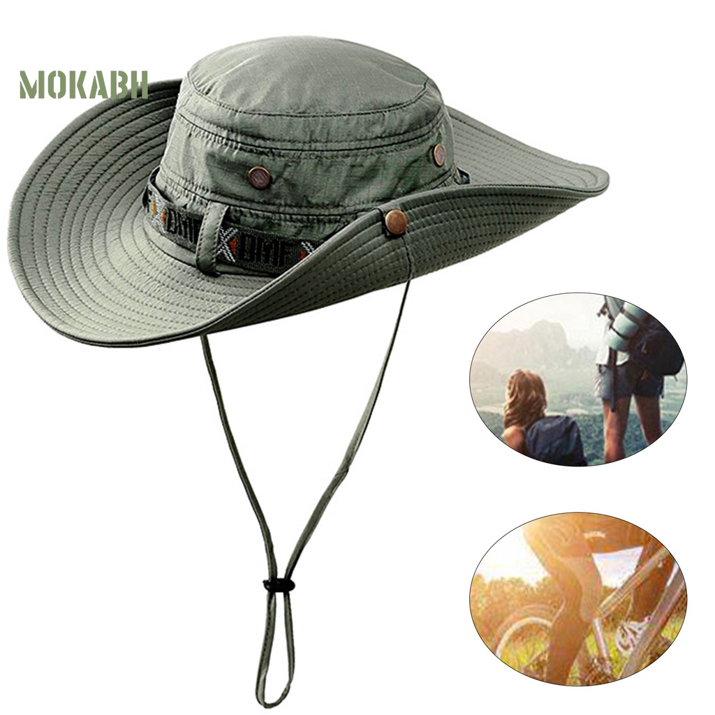 [Mok Abh] Mũ Cao Bồi Rộng Vành Chống Tia UV Viền Xoăn Màu Trơn Có Dây Có Thể Điều Chỉnh Được Phong Cách Vintage Cho Nam