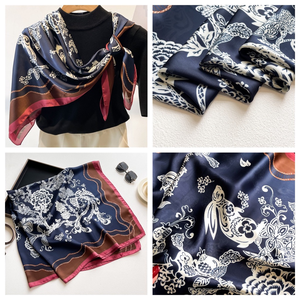 Khăn Quàng Cổ Chống Nắng Bằng Lụa Satin Họa Tiết Hoa / Thỏ Kích Thước Lớn 110cm