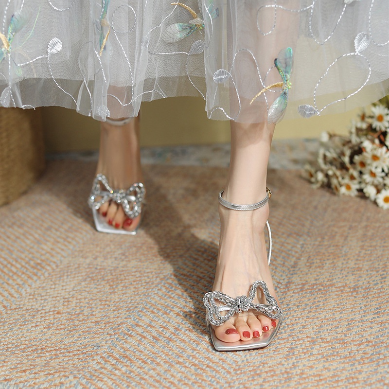 BEIJIANI Xăng Đan Cao Gót 7.5cm Quai Trong Suốt Đính Đá Pha Lê Thắt Nơ Xinh Xắn Thời Trang Mùa Hè Cho Nữ