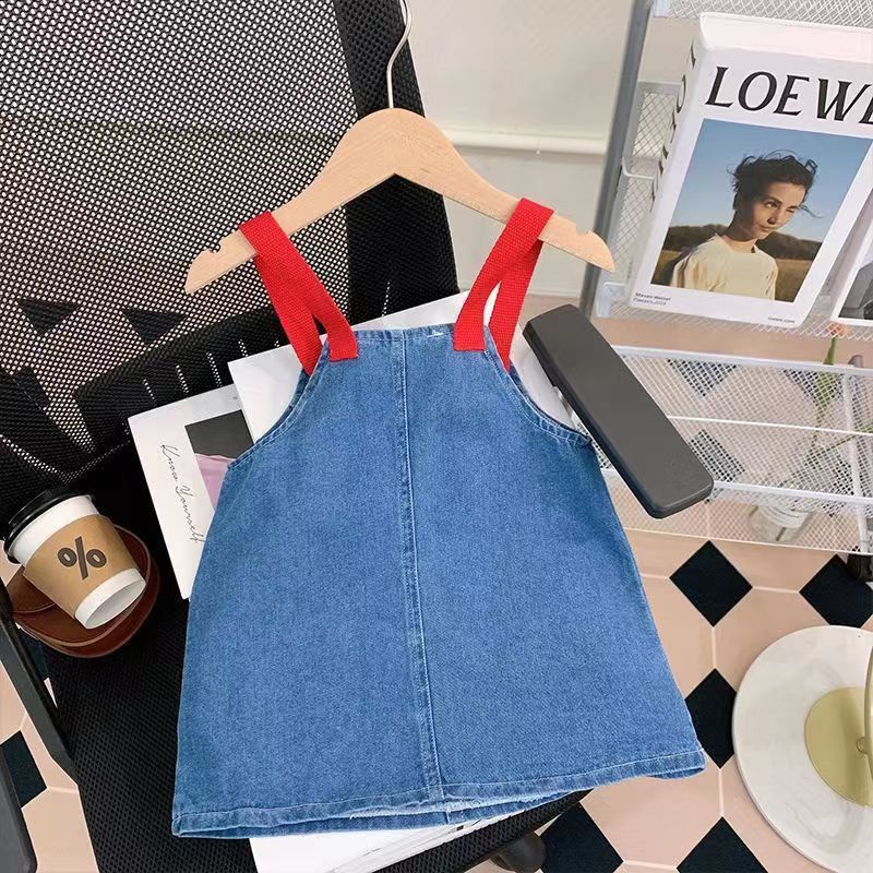 Bộ Áo Thun Tay Ngắn Kèm Váy Yếm denim Thời Trang Mùa Hè 2023 Phong Cách Mới Cho Bé Gái