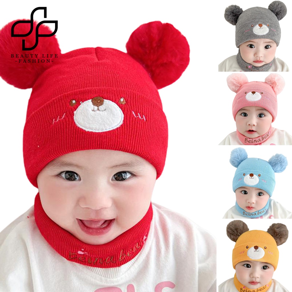 1 Bộ Mũ Beanie Và Khăn Choàng Cổ Dệt Kim Thêu Hình Gấu Bông Giữ Ấm Siêu Mềm Co Giãn Handmade Dành Cho Bé Trai Và Bé Gái