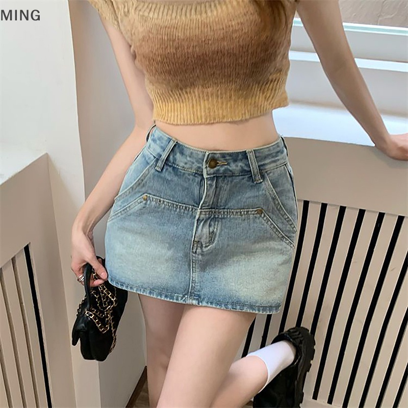 Chân Váy Jeans Chữ A Lưng Cao Thời Trang Vintage Cho Nữ
