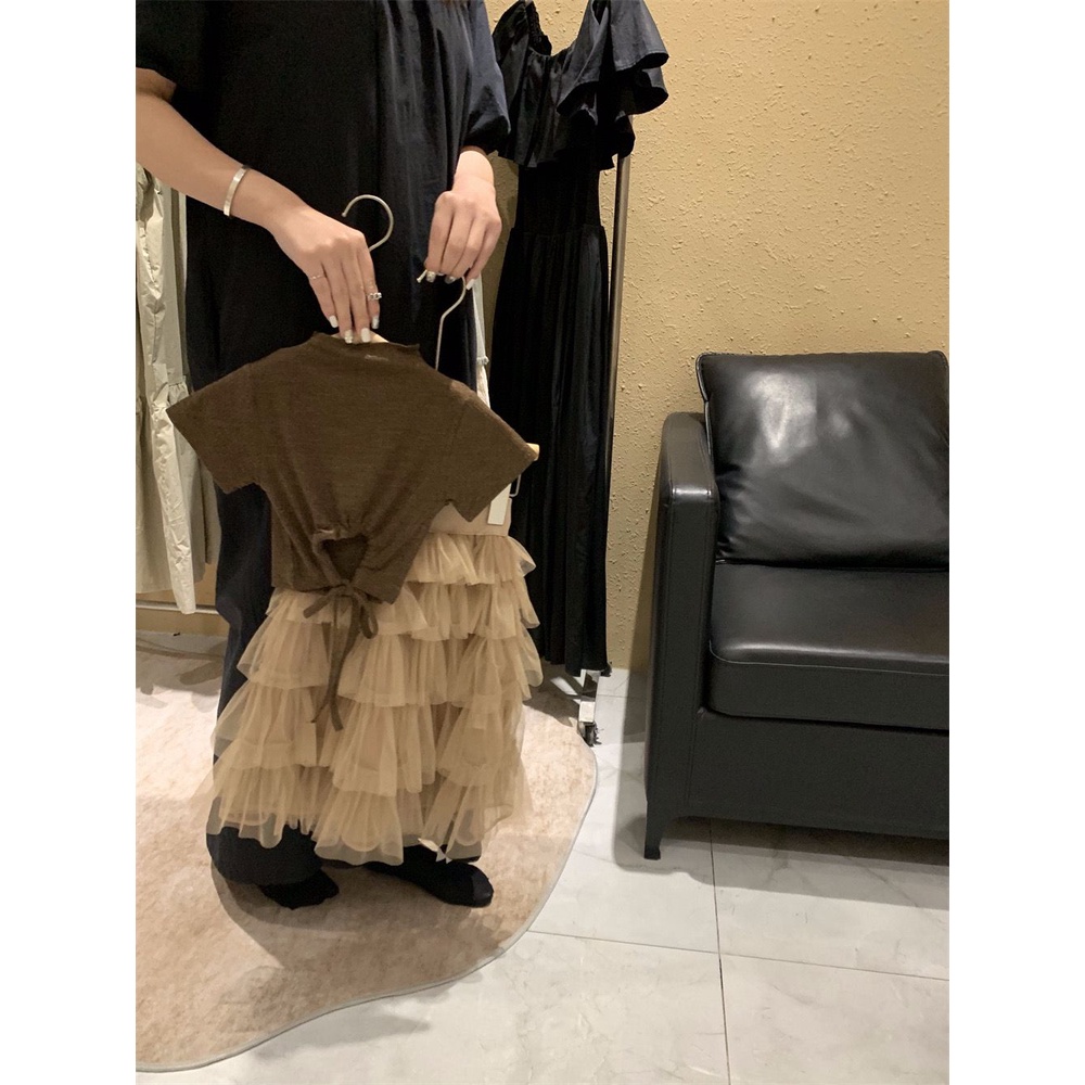 Bộ Áo Thun Hở Lưng Phối Chân Váy Lưới Tầng Phong Cách Hàn Quốc Thời Trang Mùa Hè 2023 Cho Bé Gái