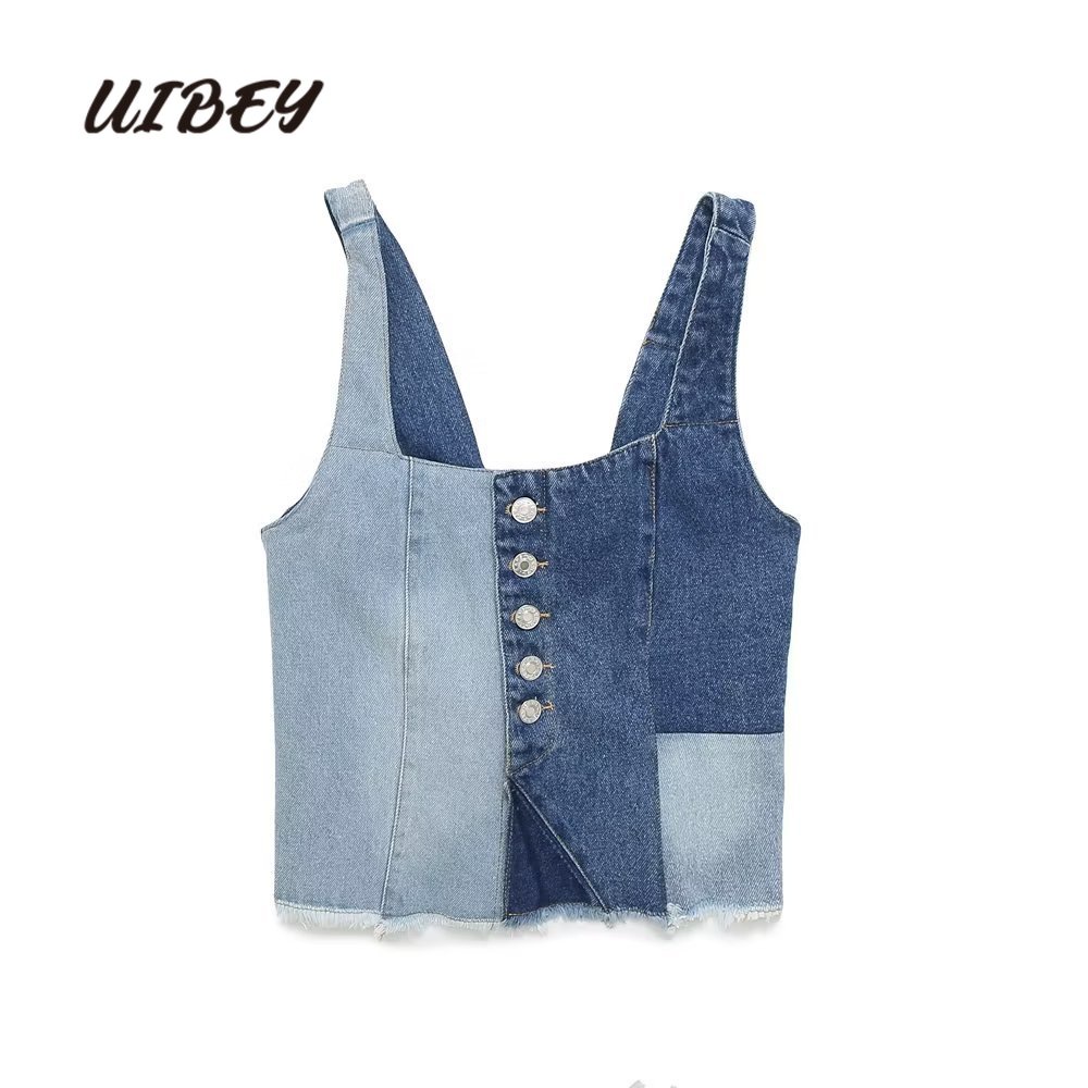 Uibey Áo Vest Cổ Vuông Phối Màu Cài Một Hàng Nút Thời Trang Cao Bồi 3333