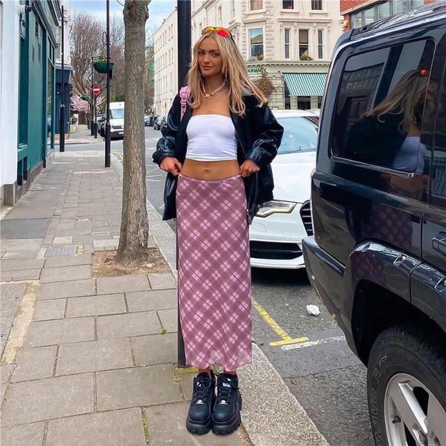 Kliou Đầm Midi Dáng Chữ A Họa Tiết Kẻ Sọc Màu Hồng Phong Cách Đường Phố Cổ Điển Thời Trang Mùa Hè 2023