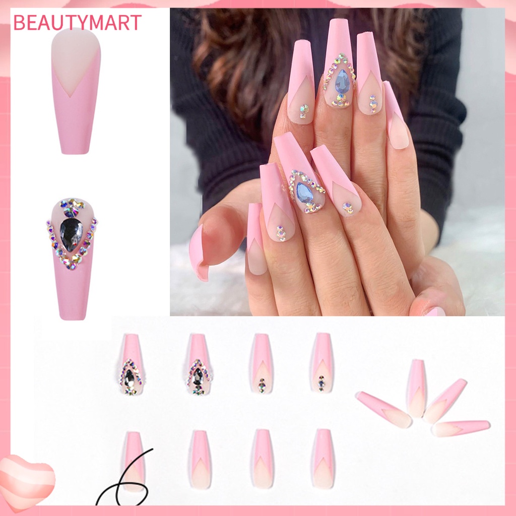 Bộ 24 Móng Tay Giả Hình Quan Tài Đính Đá 3D Siêu Dài Bằng Acrylic Dùng Trang Trí Móng Tay