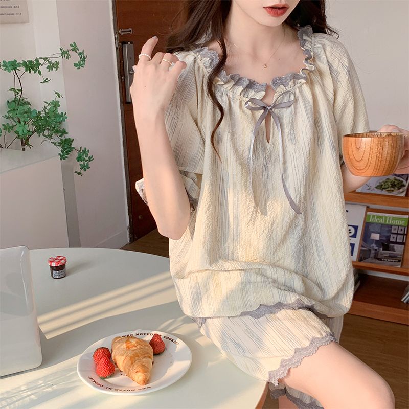 Bộ Đồ Ngủ Áo Tay Ngắn Phồng Cổ Tròn + Quần Short Vải Cotton Thời Trang Mùa Hè 2023 Mới Cho Nữ