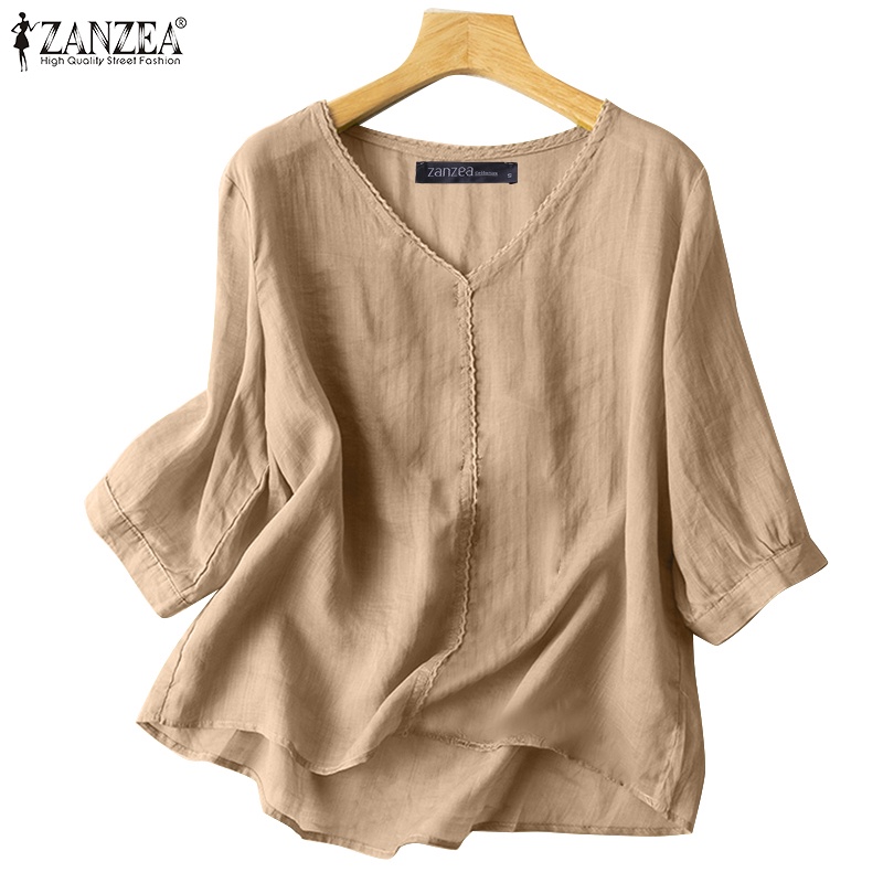 ZANZEA Áo Nữ Tay 3 / 4 Cổ Chữ V Phối Ren Thời Trang Phong Cách Hàn Quốc