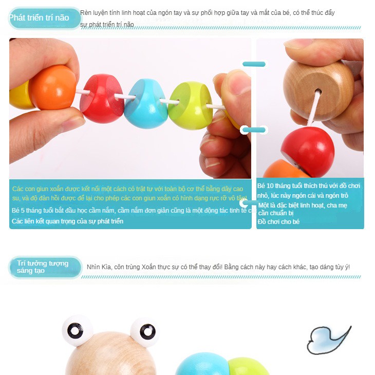 Đồ Chơi Sâu Gỗ Xoắn Nhiều Màu Phát Triển Trí Tuệ Cho Trẻ Em