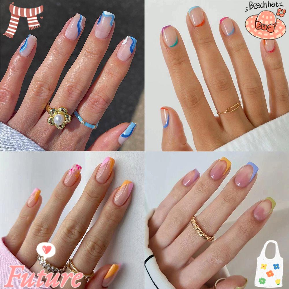 Hộp 24 Móng Tay Giả Ngắn / Tròn / Vuông Che Phủ Toàn Diện Có Thể Tháo Rời