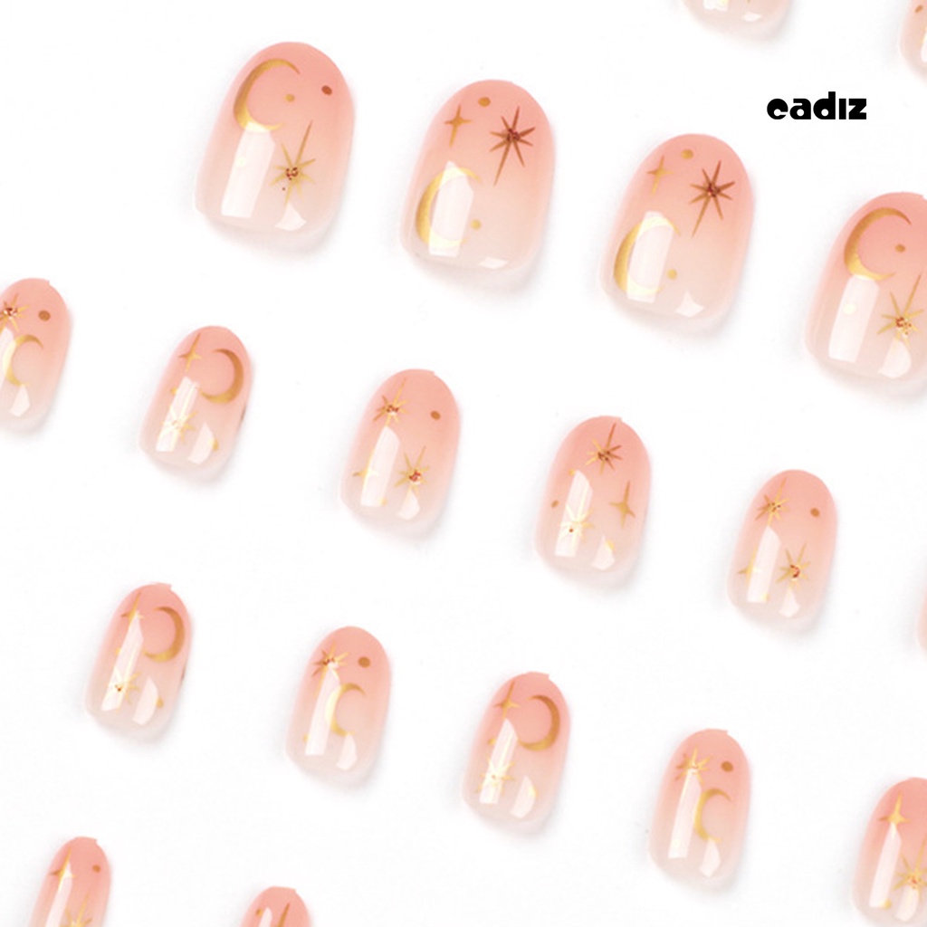 Bộ 24 Móng Tay Giả Hình Vuông Ngắn Đính Ngôi Sao / Mặt Trăng Màu Vàng Bóng Có Keo Dán Trang Trí Toàn Diện DIY