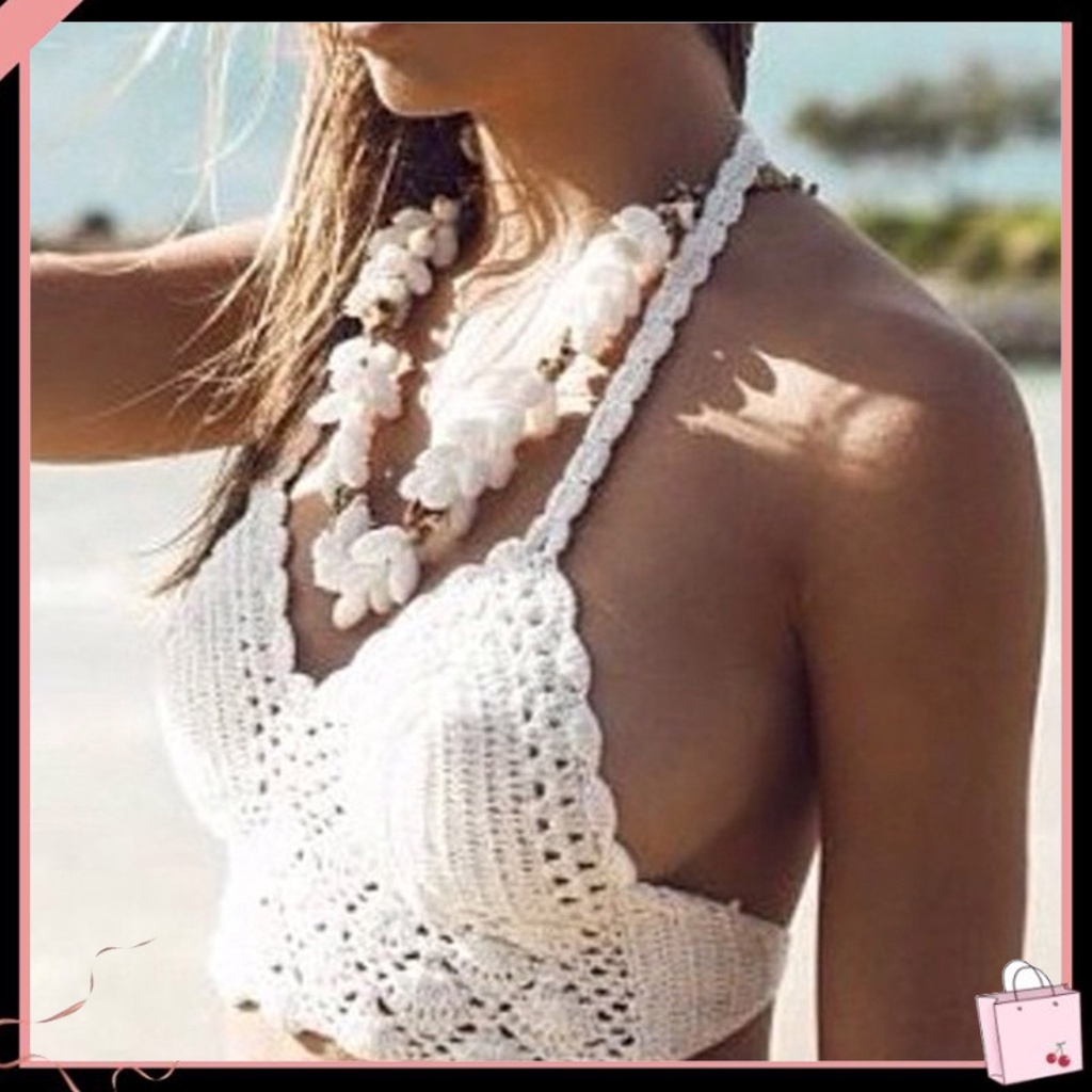 {Soltweter} Áo Ngực Đi Biển Mùa Hè Dệt Kim Rỗng Màu Trơn Cổ Yếm Khoét Rỗng Cho Nữ