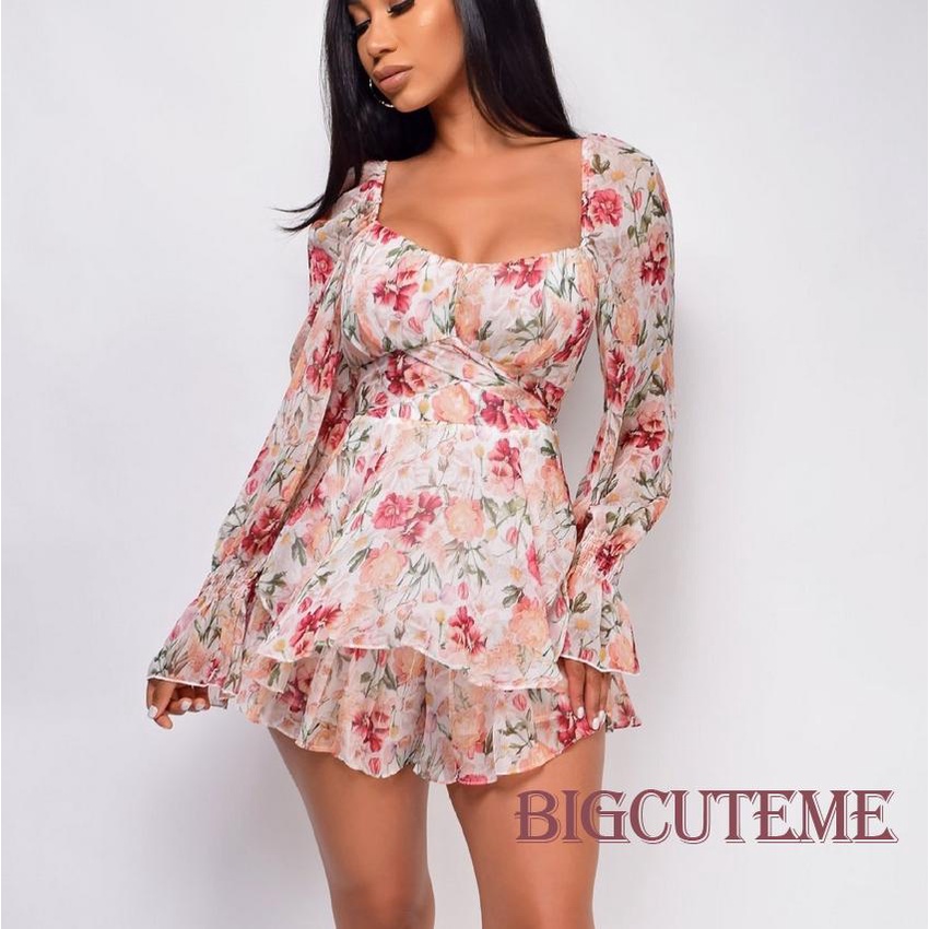 Áo liền quần Tay Dài Cổ Vuông Hở Lưng In Họa Tiết Hoa Thời Trang Quyến Rũ Cho Nữ