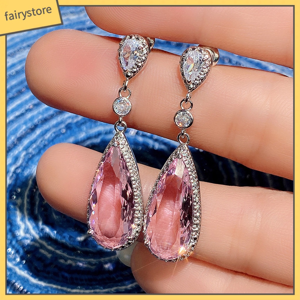 1 Đôi Bông Tai Hình Giọt Nước Bằng Đồng Dát Đá