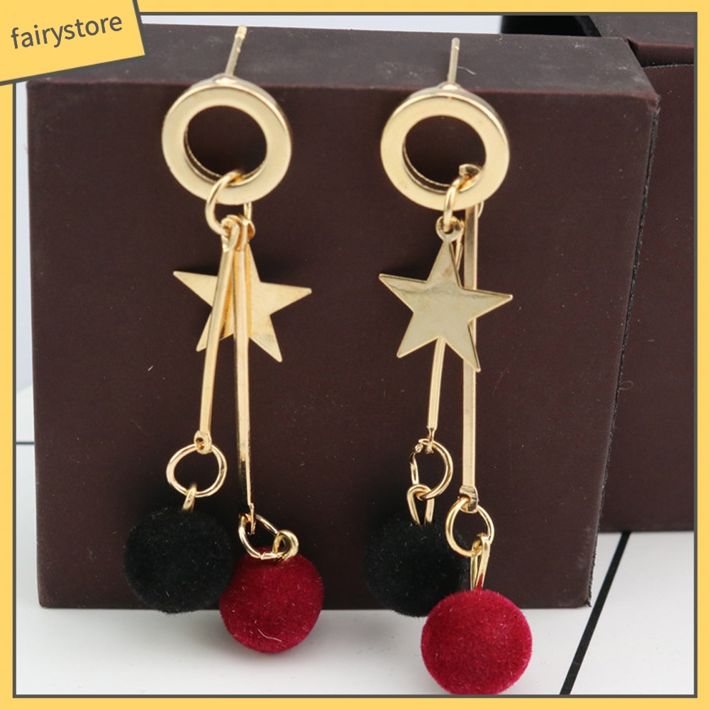 Khuyên Tai Dáng Dài Hình Ngôi Sao Năm Cánh Đính Quả Bông Đơn Giản Cho Nữ