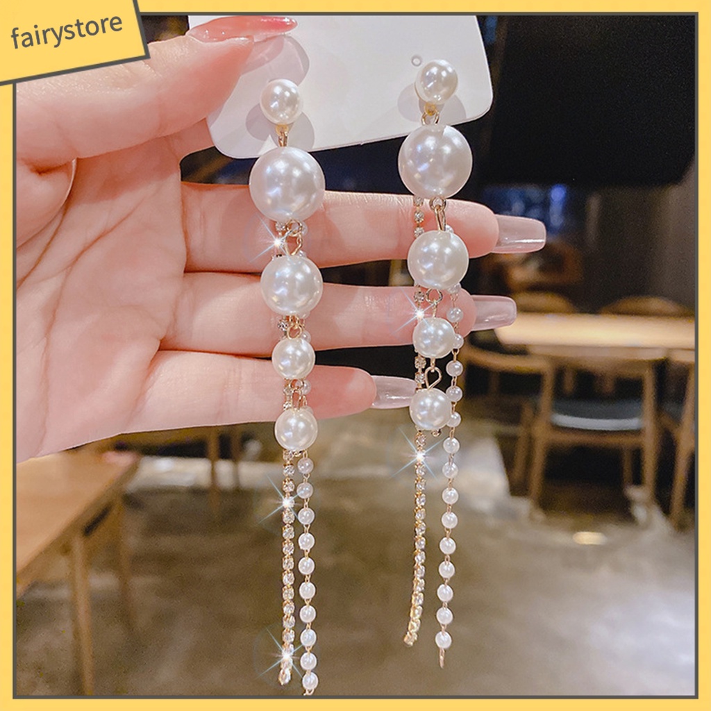 [FRO] 1 Đôi Bông Tai Dạng Tua Rua Dài Đính Đá Giả Ngọc Trai Lấp Lánh