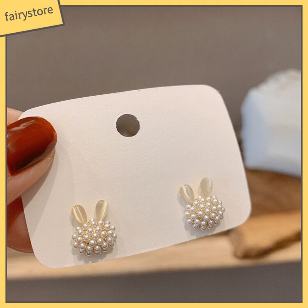 1 Đôi Bông Tai Hình Thỏ Đính Ngọc Trai Giả Thời Trang