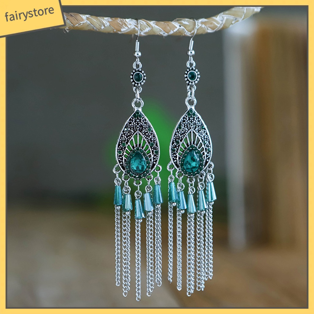 1 Đôi Bông Tai Dáng Dài Đính Đá Chống Mồ Hôi Phong Cách Trung Hoa Thời Trang