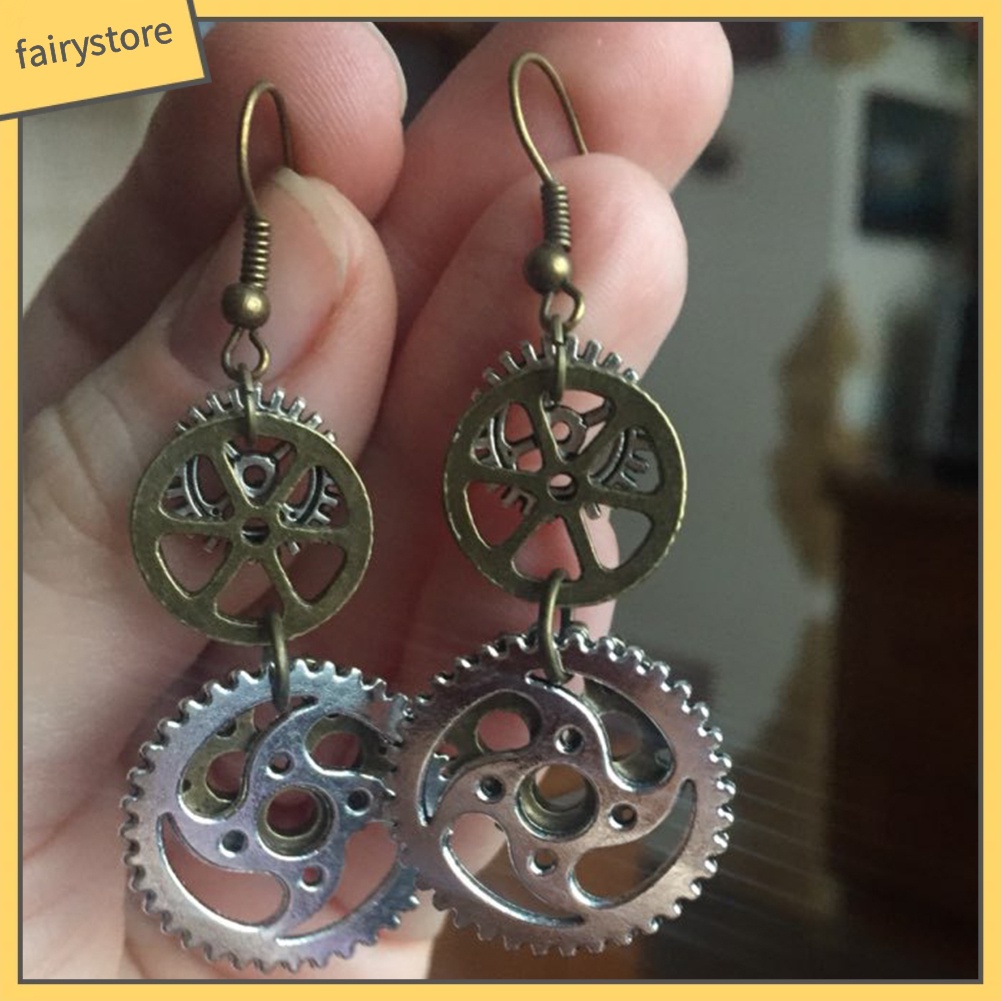 Khuyên Tai Kim Loại Hình Bánh Răng Đôi Phong Cách Steampunk Thời Trang Cho Nữ