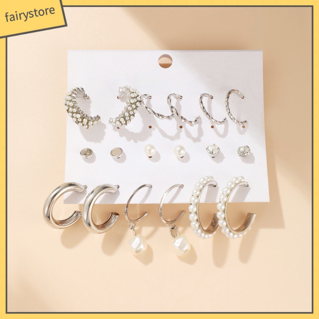 1 Bộ Bông Tai Tròn Đính Đá &amp; Ngọc Trai Nhân Tạo Cho Nữ