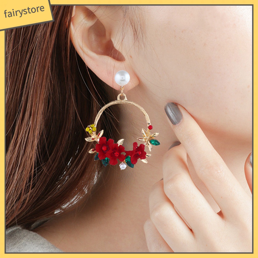 1 Đôi Bông Tai Tròn Đính Đá &amp; Ngọc Trai Giả Hình Hoa Dễ Thương