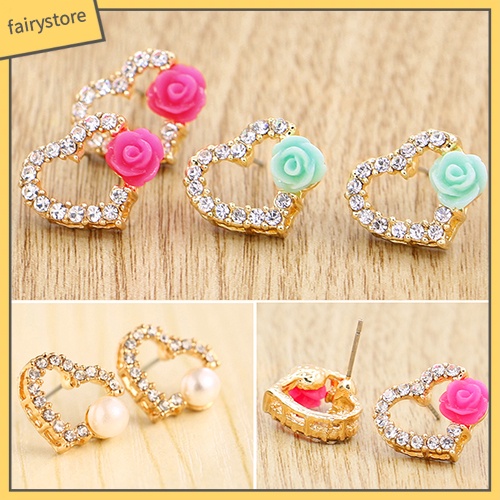 Bông Tai Hình Trái Tim Đính Đá &amp; Ngọc Trai Giả Cho Nữ