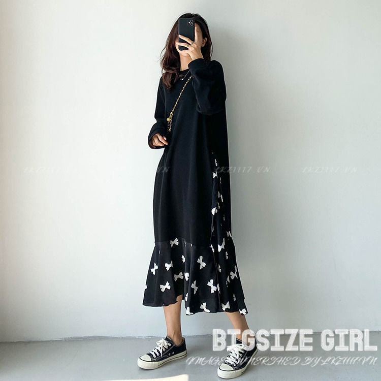 Đầm nỉ Bigsize Váy nữ dáng suông tay dài Giả Hai mùa thu Phong cách Hàn Quốc Thời Trang cá tính xinh đẹp cho người mập béo nữ