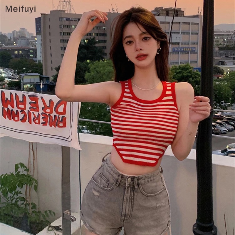 Áo Hai Dây Dệt Kim Cổ Tròn Họa Tiết Kẻ Sọc Thời Trang Mùa Hè Quyến Rũ Cho Nữ