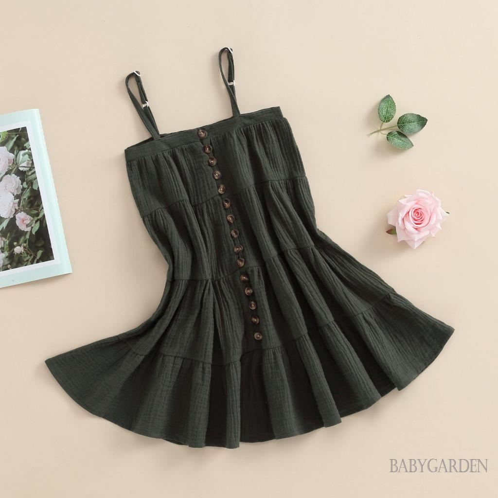 Đầm Công Chúa Mùa Hè Sát Nách Cài Nút Màu Trơn Cho Bé Gái 3-8 Tuổi