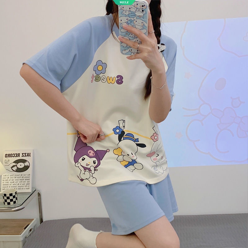 SANRIO Bộ Đồ Ngủ Ngắn Tay Cổ Tròn In Hoạt Hình Kuromi Cinnamoroll Pachacco Thời Trang Mùa Hè 2023 Cho Nữ