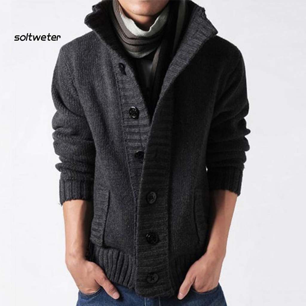 Áo Khoác Cardigan Dệt Kim Tay Dài Cổ Đứng Cài Nút Bên Hông Màu Trơn Có Túi Cho Nam