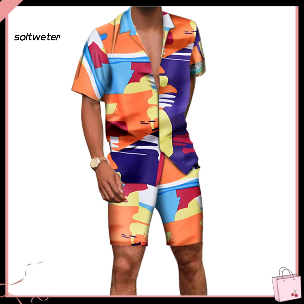 Bộ Trang Phục 2 Mảnh Gồm Áo Sơ Mi Cổ Bẻ In Họa Tiết Nhiều Màu + Quần Short Phong Cách Hawaii Cho Nam