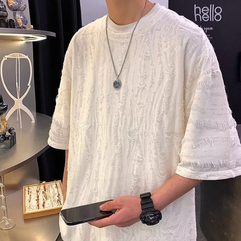 Áo Thun Cotton Tay Ngắn Dáng Rộng Phối Rách Kiểu Đường Phố Mỹ Thời Trang Mùa Hè Cho Nam