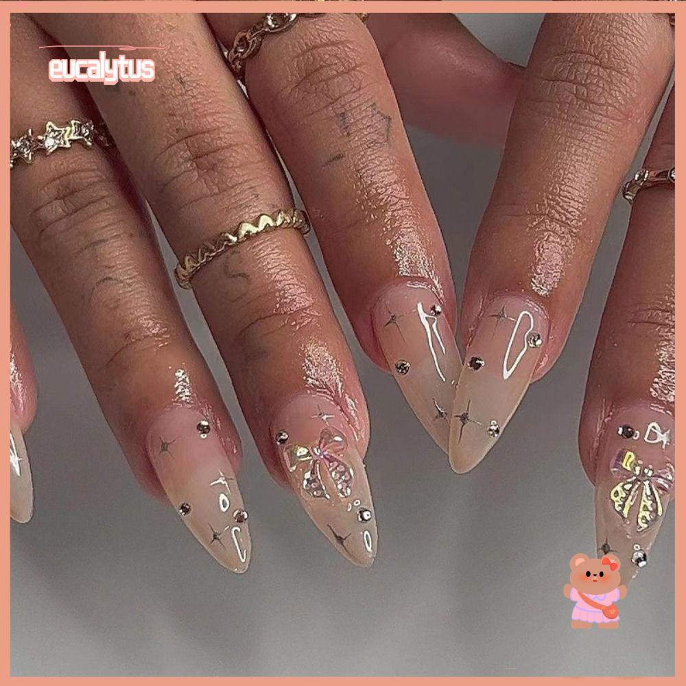 Set 24 Móng Tay Giả Dạng Nhấn Hình Bướm / Ngôi Sao Phong Cách Pháp Diy