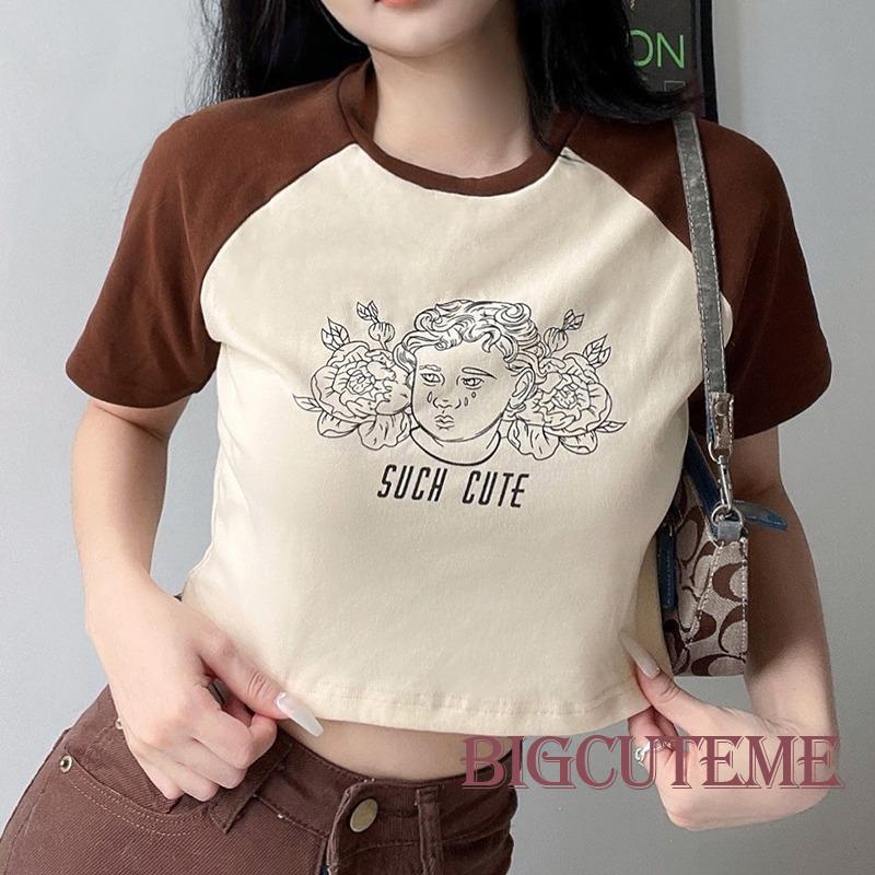 Áo Thun Lửng Ngắn Tay In Hình Thời Trang Nữ Tính