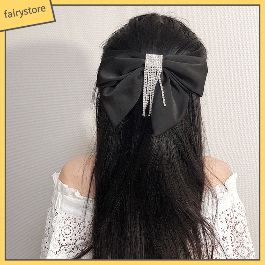 Kẹp Tóc Nơ Đính Đá Tua Rua Màu Đen Cho Nữ