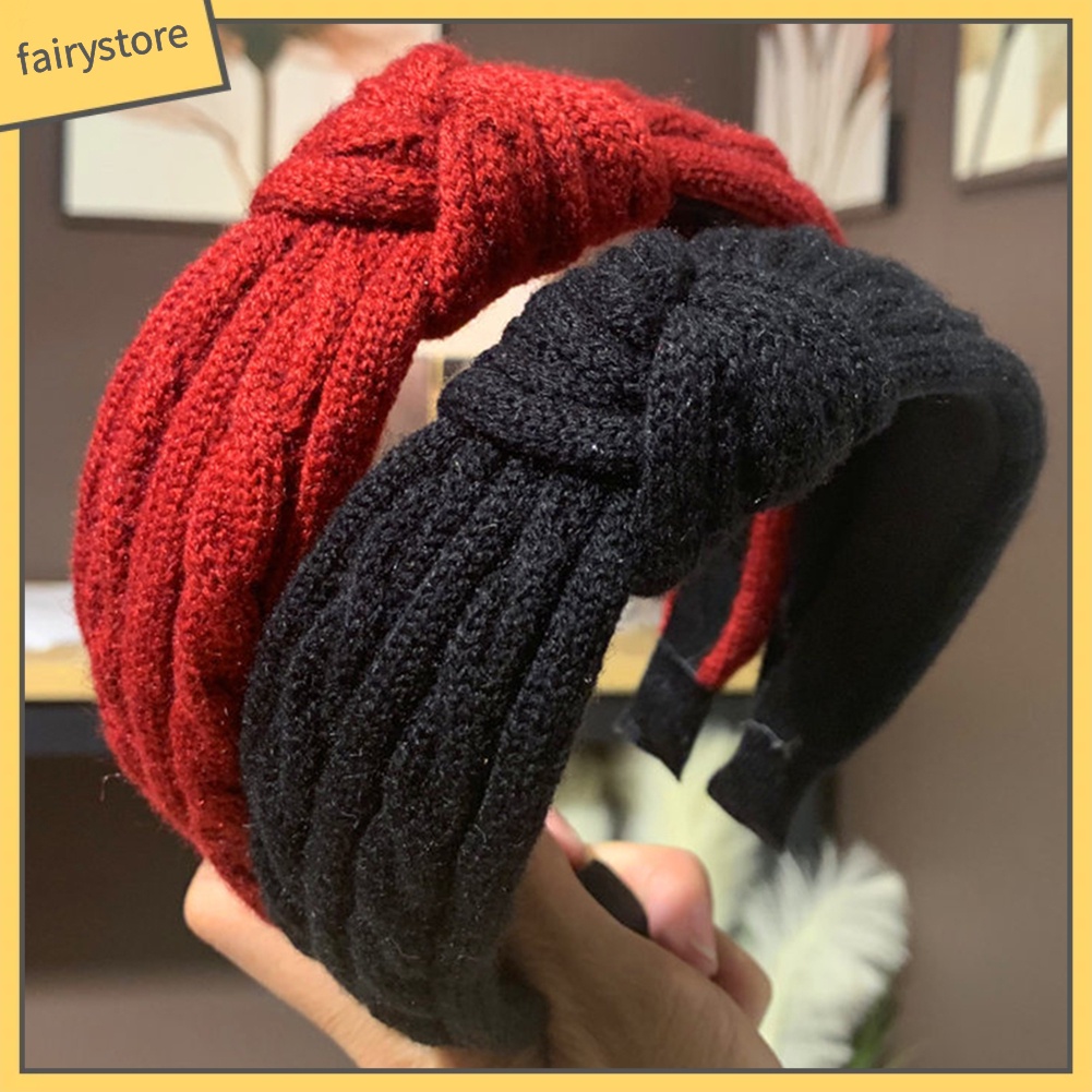 Băng Đô Cài Tóc Dệt Kim Thắt Nút Màu Trơn Thời Trang Thu Đông Cho Nữ